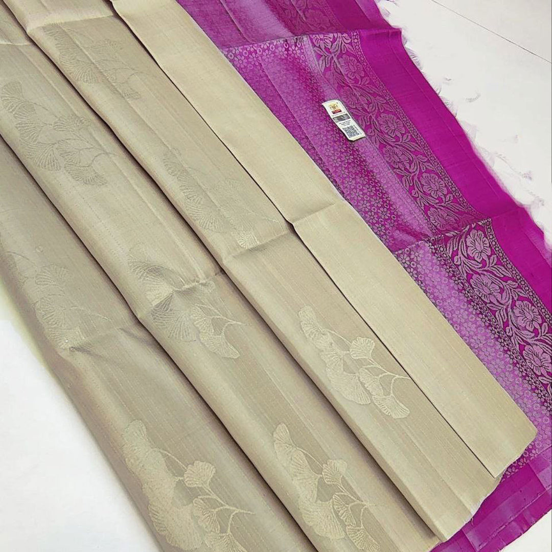 Beige Premium Quality Silk Pure Gold And Silver Zari Big Meena Work Saree