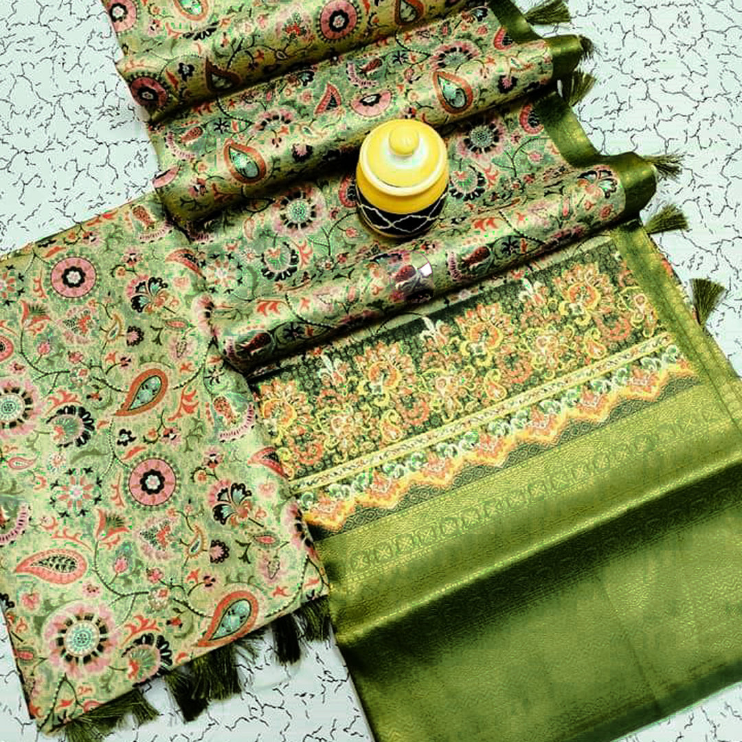 Reception Wear Soft Silk Green Color Digital Print Saree