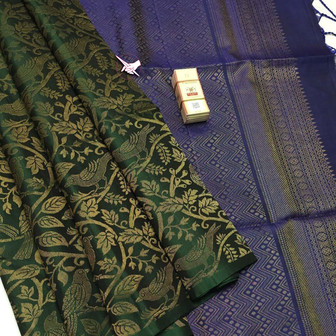 Dark Green Kanchipuram Silk Zari Weaving Work Designer Saree