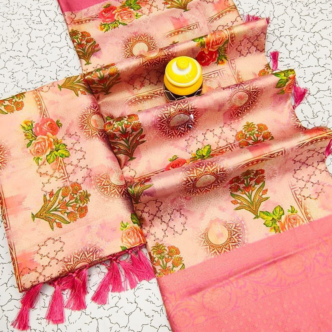 Pink Color Soft Silk Fancy Digital Printed Rich Pallu Saree