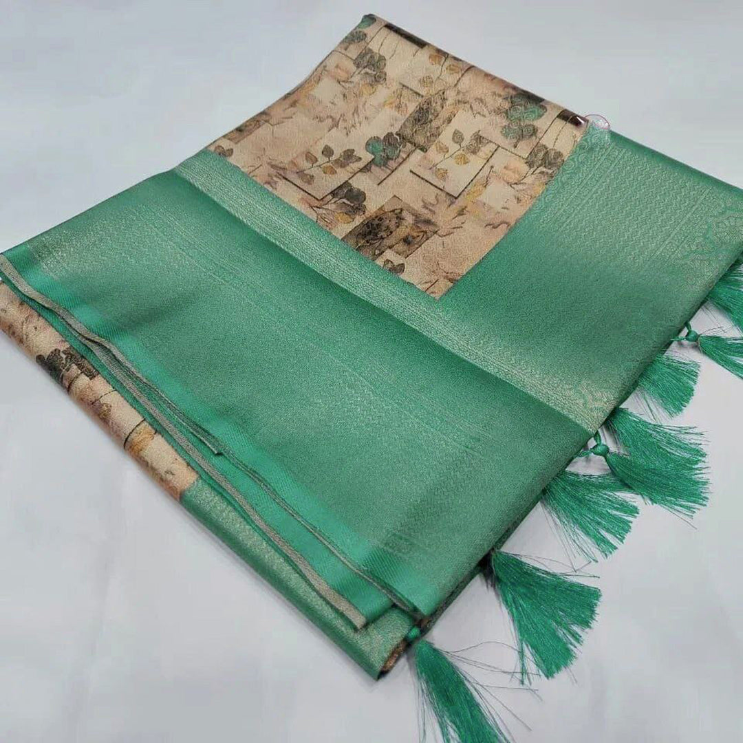 Ethnic Sea Green Soft Silk Saree With Traditional Digital Prints