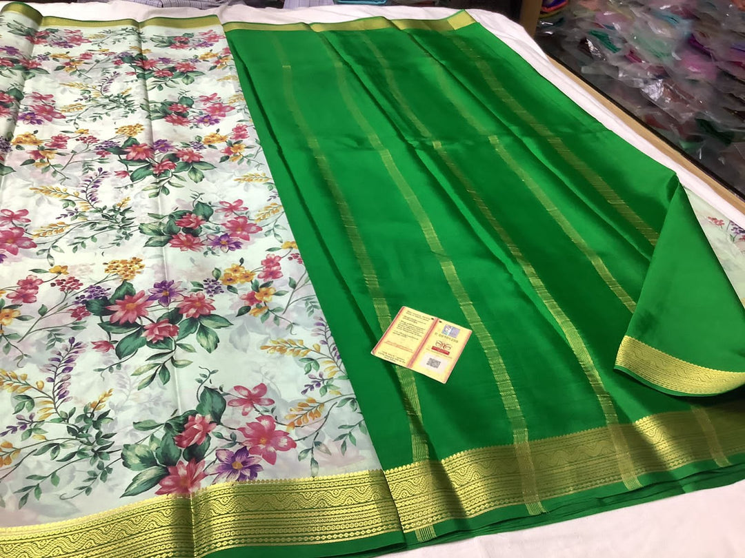 Rich Green And White Mysore Silk Saree Smooth Fabric And Glimmering Zari Border