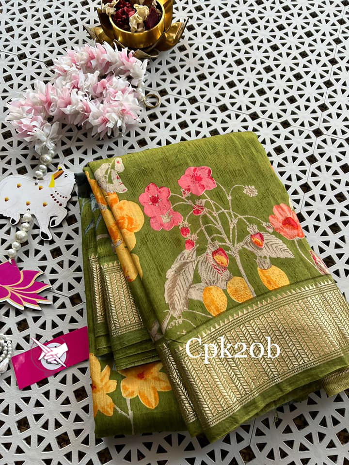 Tusser Soft Silk Sarees With Allover Digital Printed With Zari Border