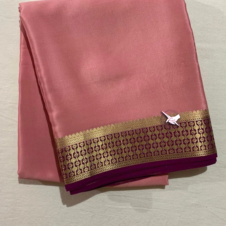 🥰 Exclusive  Zari Border  Pink  With Purple  Colour Plain Mysore Silk Saree.🥰