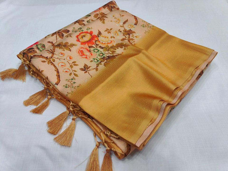 Trendy Gold And Rani Soft Silk Saree With Traditional Pattu Borders And Artistic Digital Print