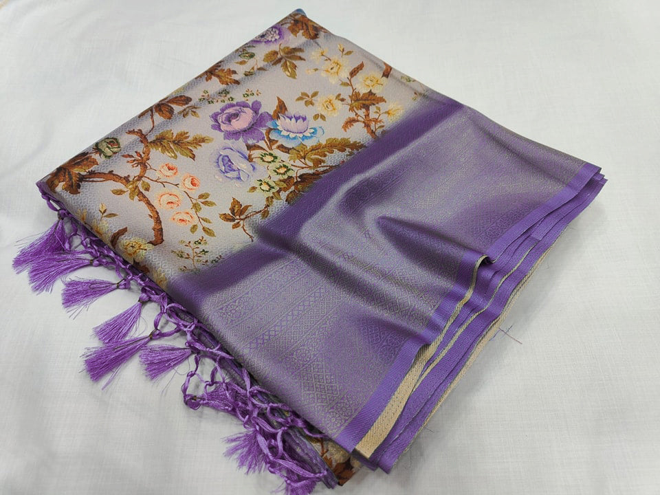 Ethnic Purple And Beige Digital Print Saree In Soft Silk With Kubera Pattu Style Border