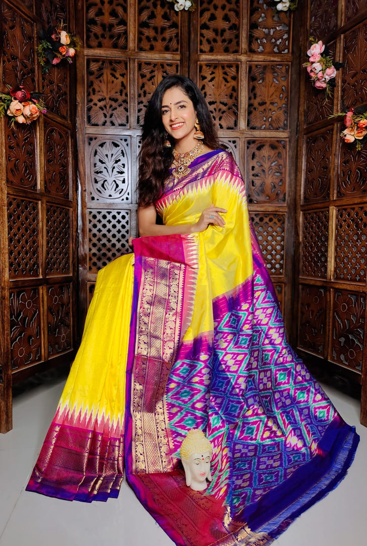 Handcrafted Ikkat Printed Soft Silk Saree With Kanchi Traditional Appeal