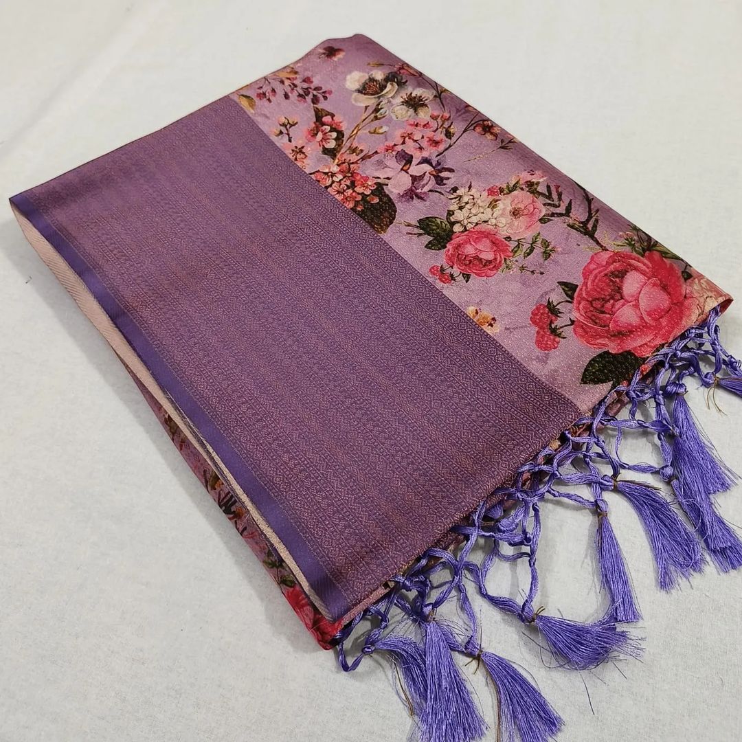 Cultural Purple Soft Silk Kubera Pattu Saree With Artistic Print Work