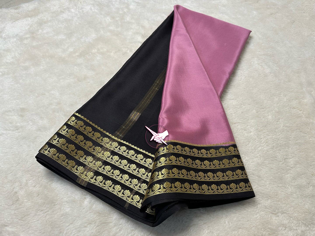 🥰 Exclusive  Zari Border Pink nd Black  Colour Plain Mysore Silk Saree.🥰