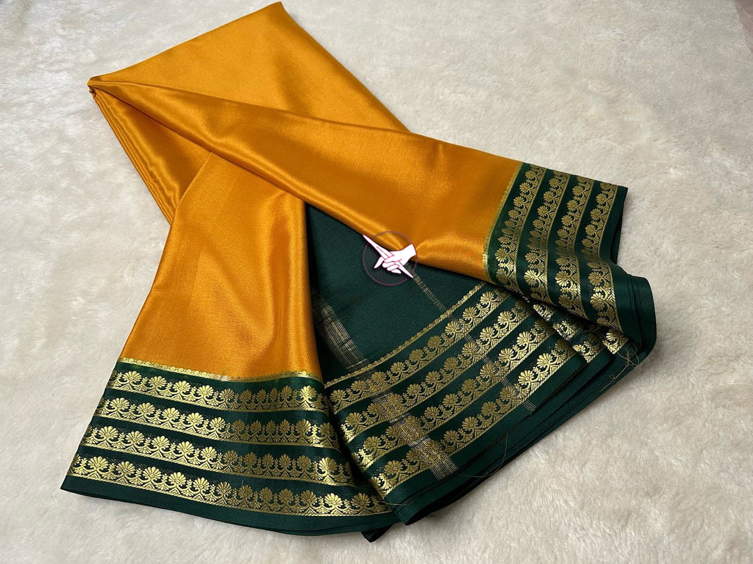 🥰 Floral Zari Border Green Colour Plain Mysore Silk Saree.🥰