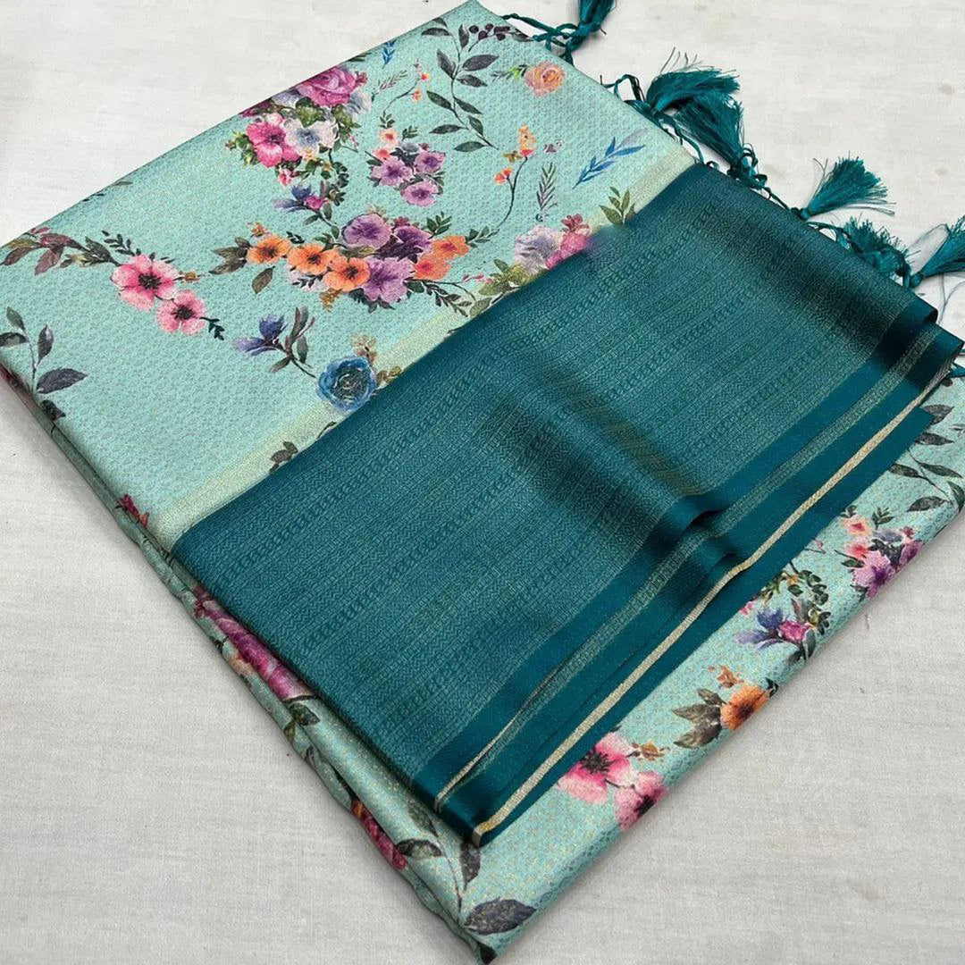 Sea Green Color Soft Silk Fabric Party Style Miraculous Digital Printed Saree