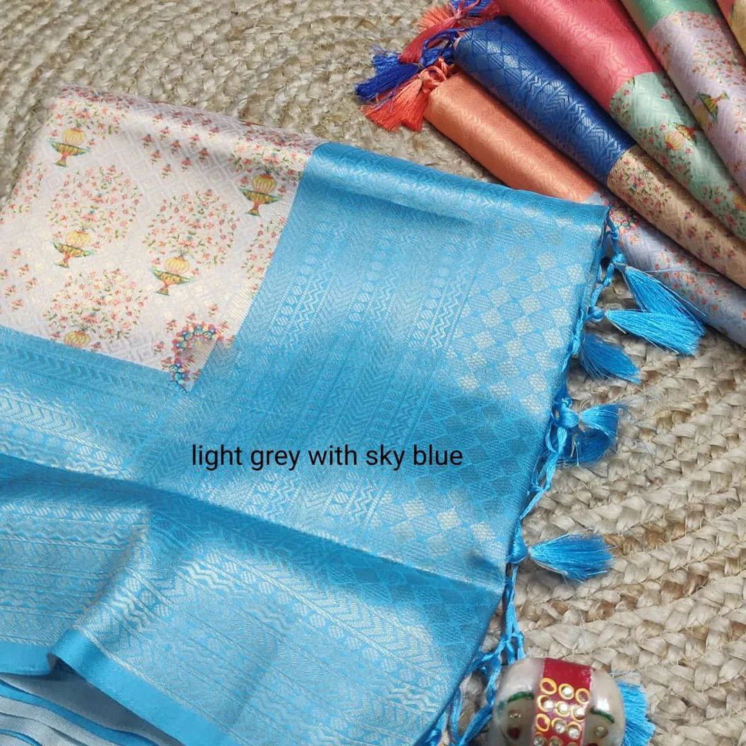 Reception Wear Soft Silk Light Grey Color Digital Printed Saree