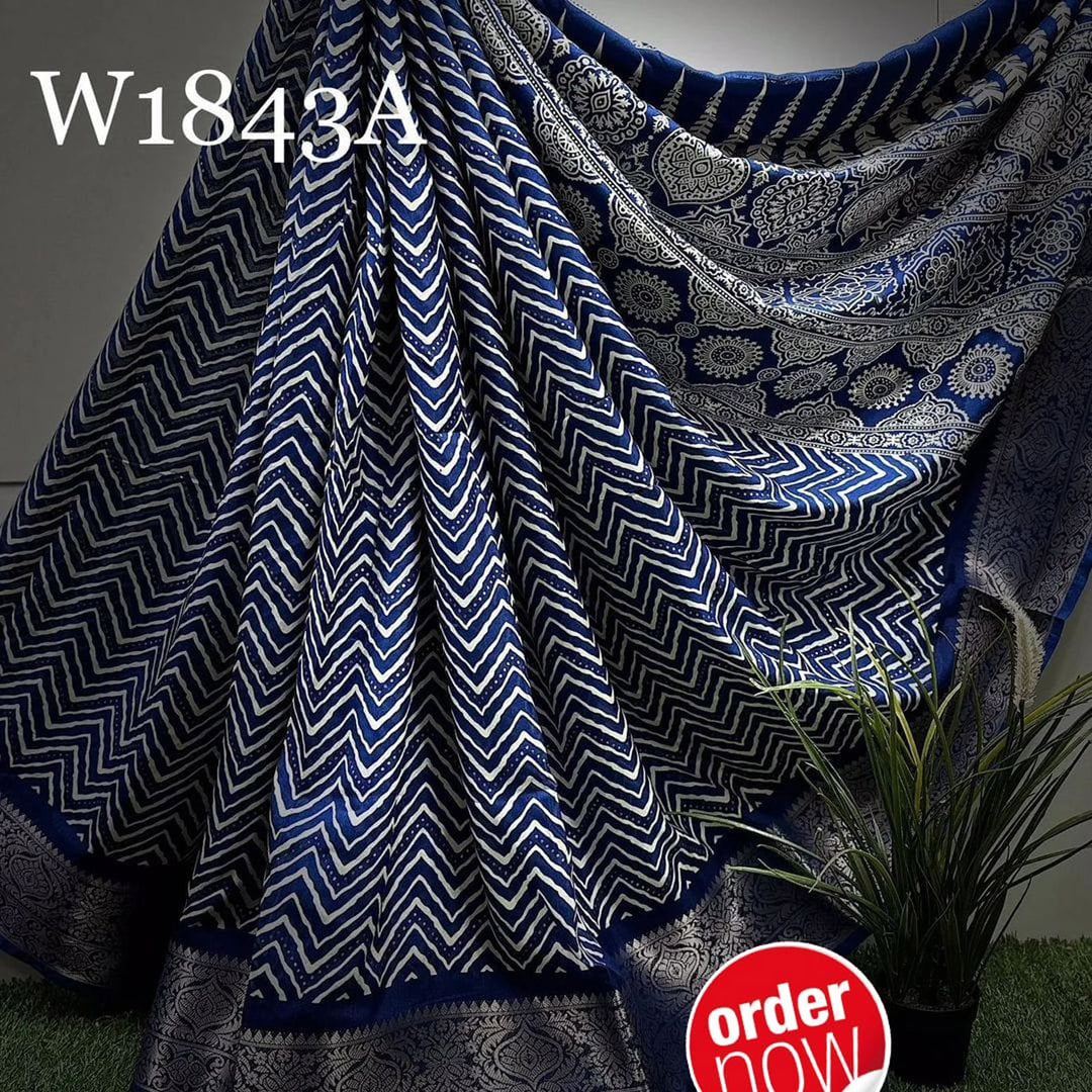 Fancy Printed Silk Saree In Navy Blue Color