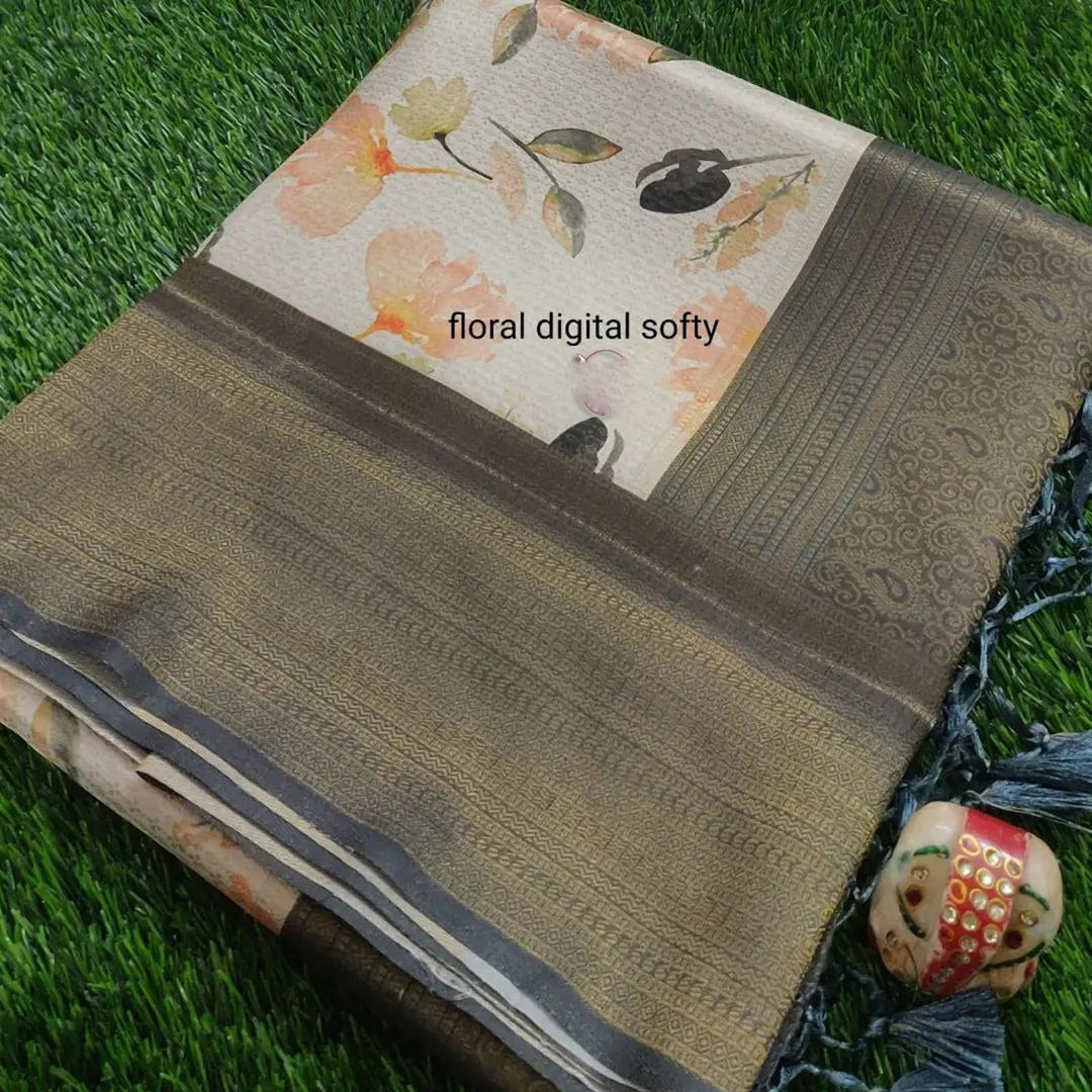 Beige Color Soft Silk Party Wear Digital Print Designer Saree