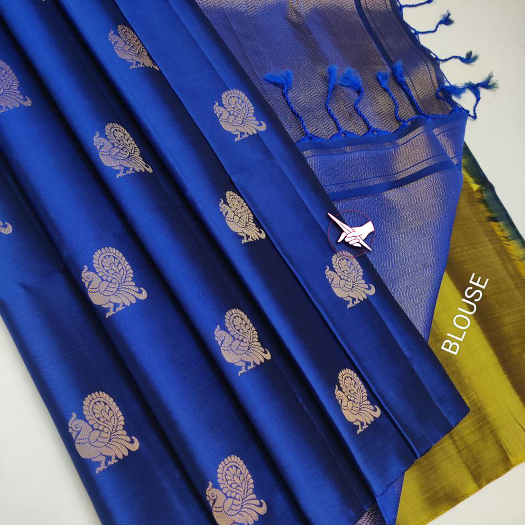 Blue Color Premium Quality Silk Weaving Work Rich Pallu Saree With Contrast Blouse