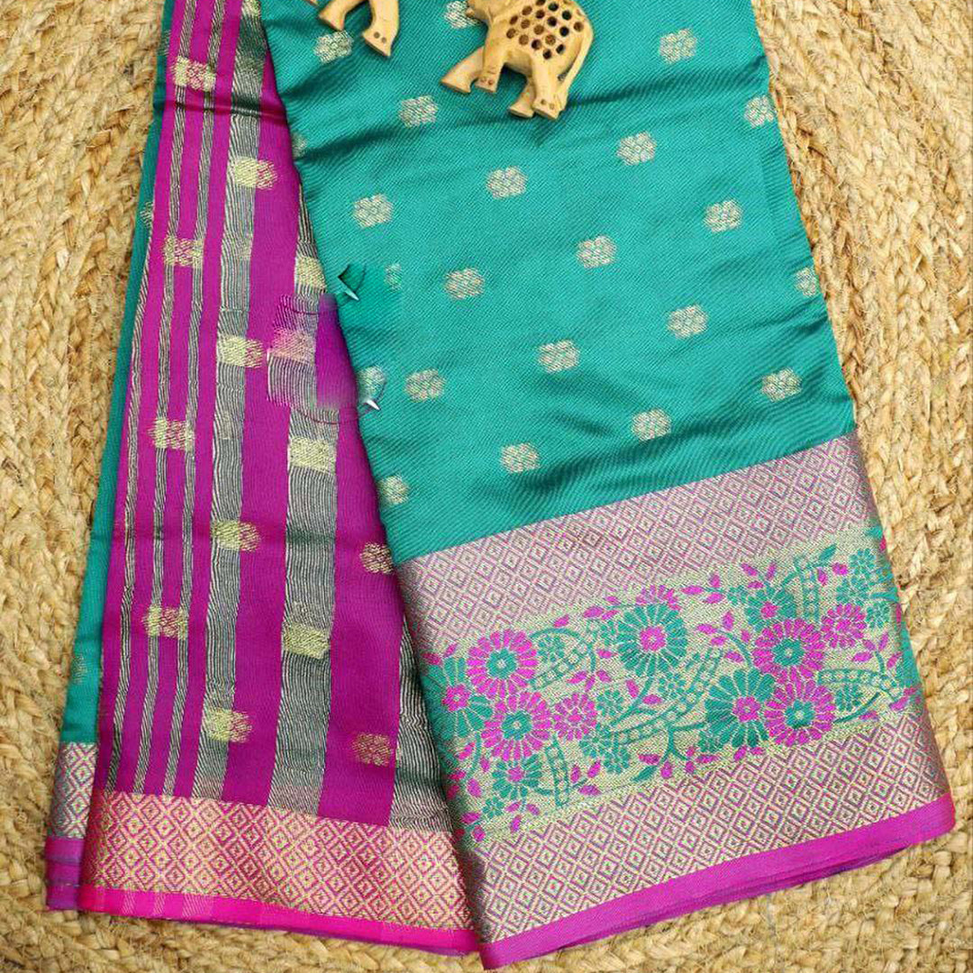 Traditional Korvai Silk Weaving Work Cyan Saree