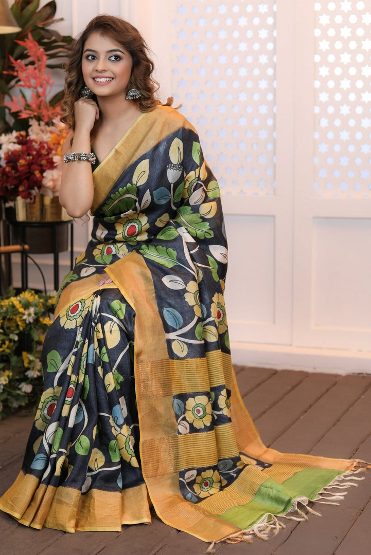 Sophisticated Tussar Silk Saree Enhanced with Kalamkari Craft