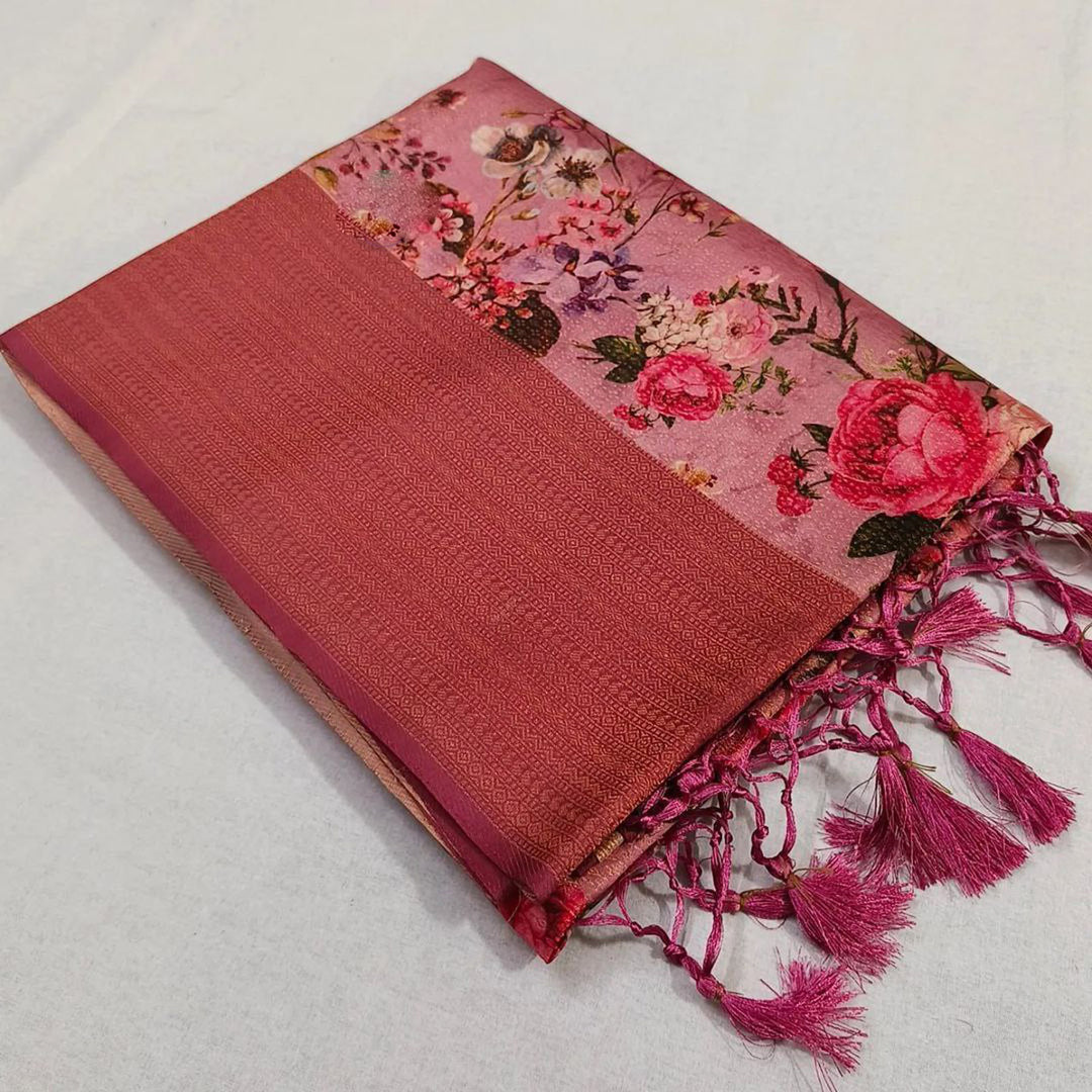 Pink Soft Silks Digital Floral Print Casual Saree