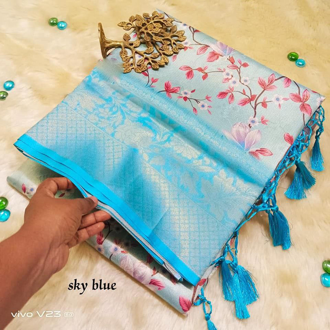 Attractive Soft Silk Sky Blue Color Digital Printed Saree