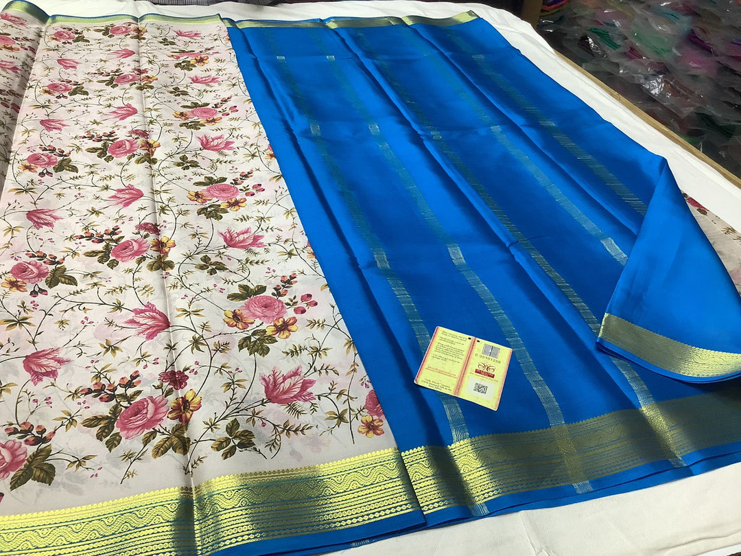 Chic White And Blue Plain Mysore Soft Silk Saree Highlight Zari Border Finish