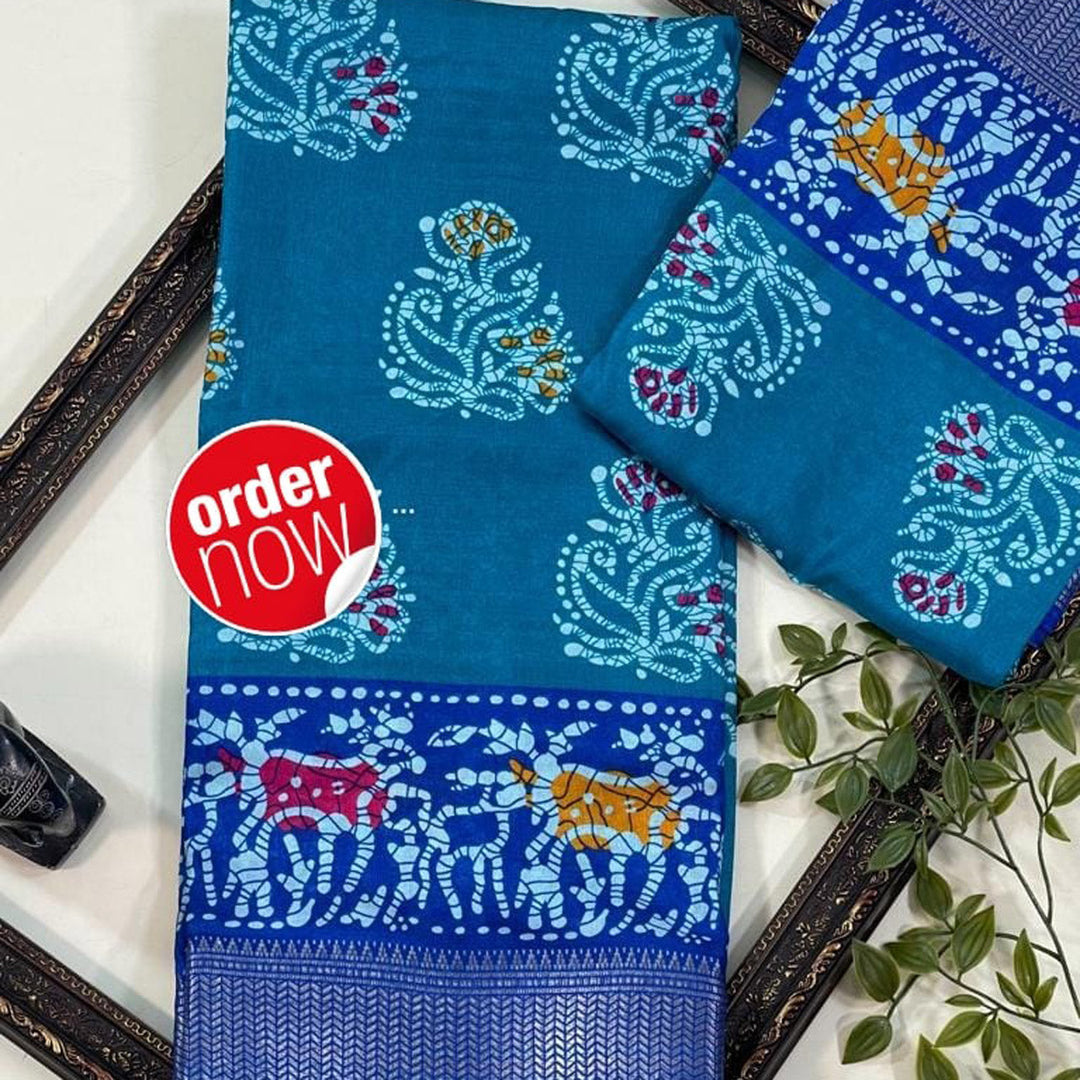 Enriching Sky Blue Modern Motif Digital Silk Saree