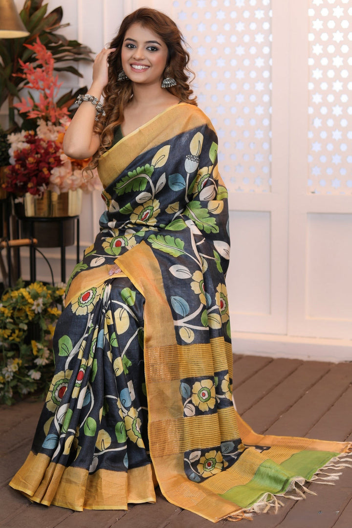 Sophisticated Tussar Silk Saree Enhanced with Kalamkari Craft