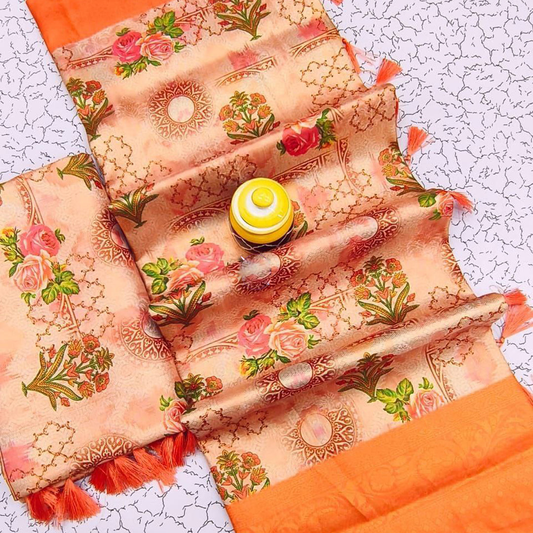 Attractive Peach Color Digital Printed Rich Pallu Soft Silk Designer Saree