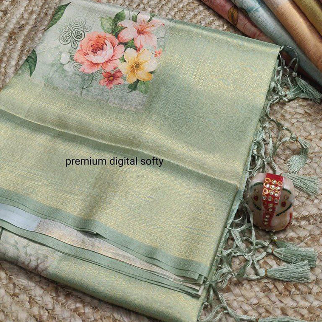 Attractive Sea Green Color Digital Printed Soft Silk Designer Saree