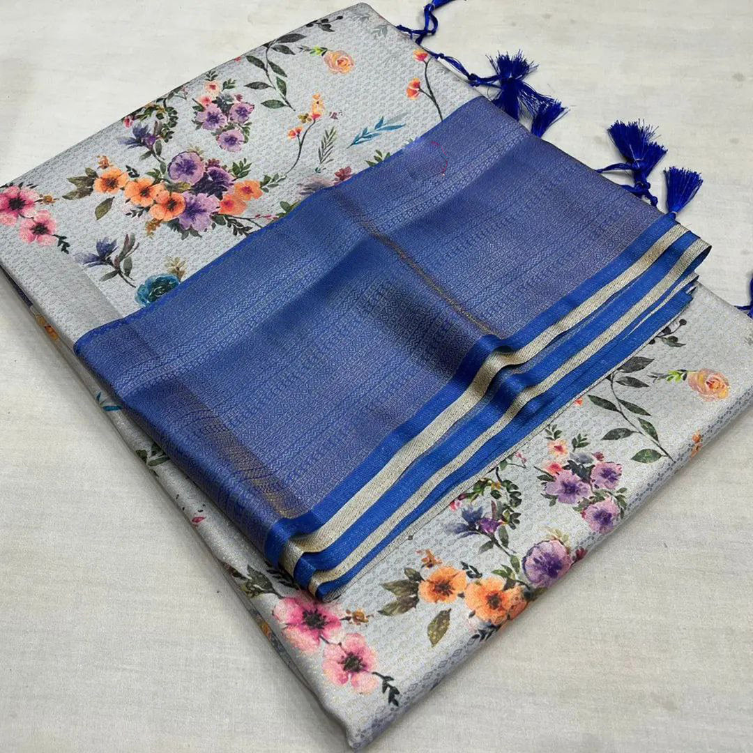 Party Style Soft Silk Fabric Blue Color Magnificent Digital Printed Saree