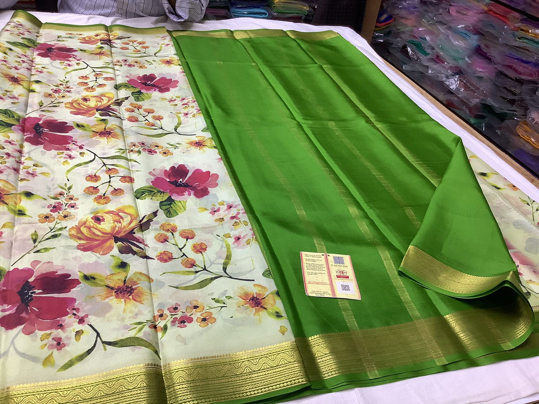 Exclusive pure crepe printed mysore silk sarees