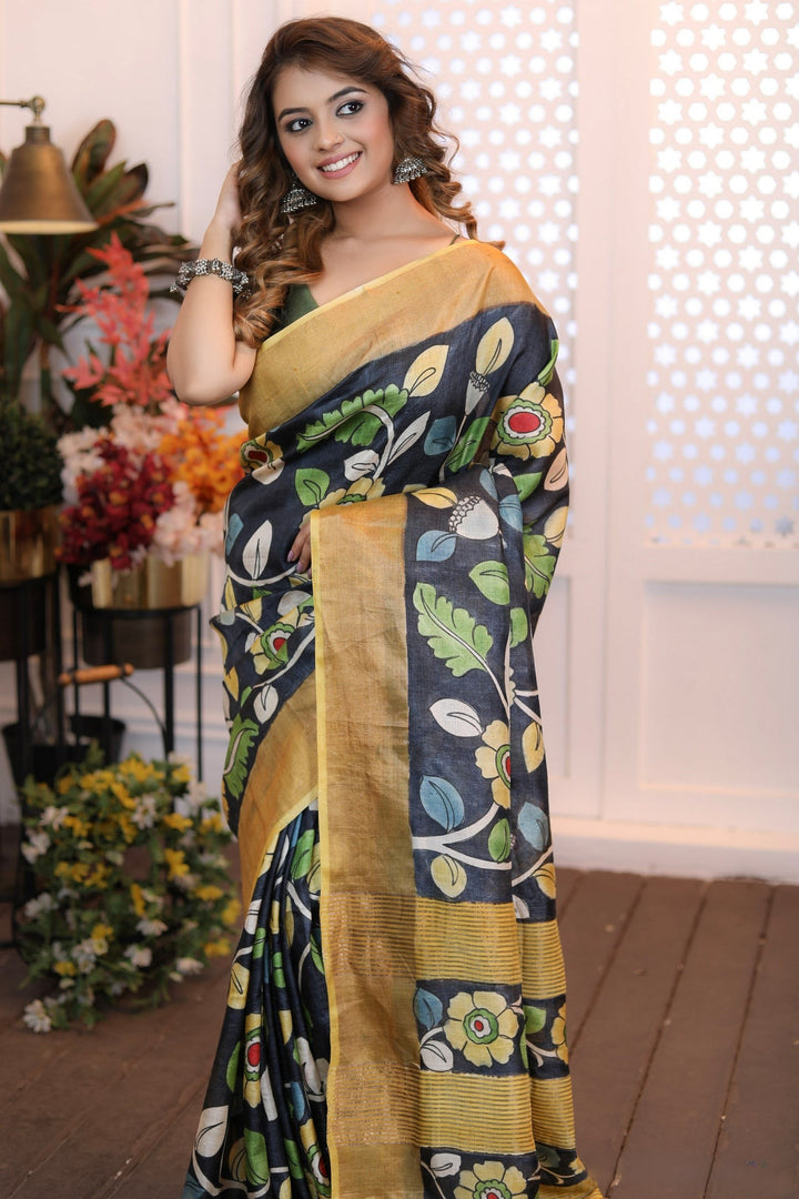 Sophisticated Tussar Silk Saree Enhanced with Kalamkari Craft