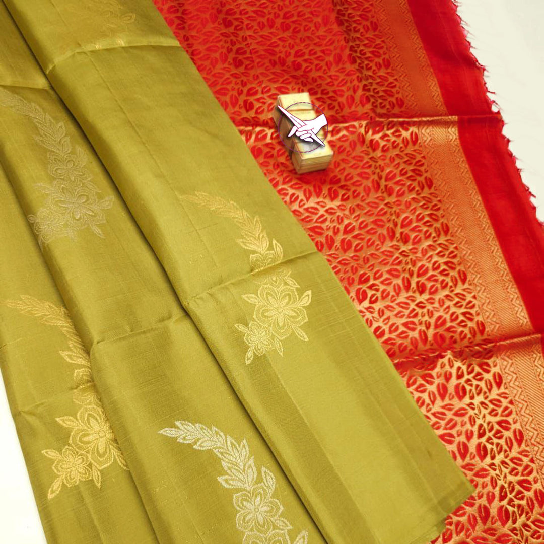 Mehendi Green Premium Quality Silk Pure Gold And Silver Zari Big Meena Work Buttas All Over Saree