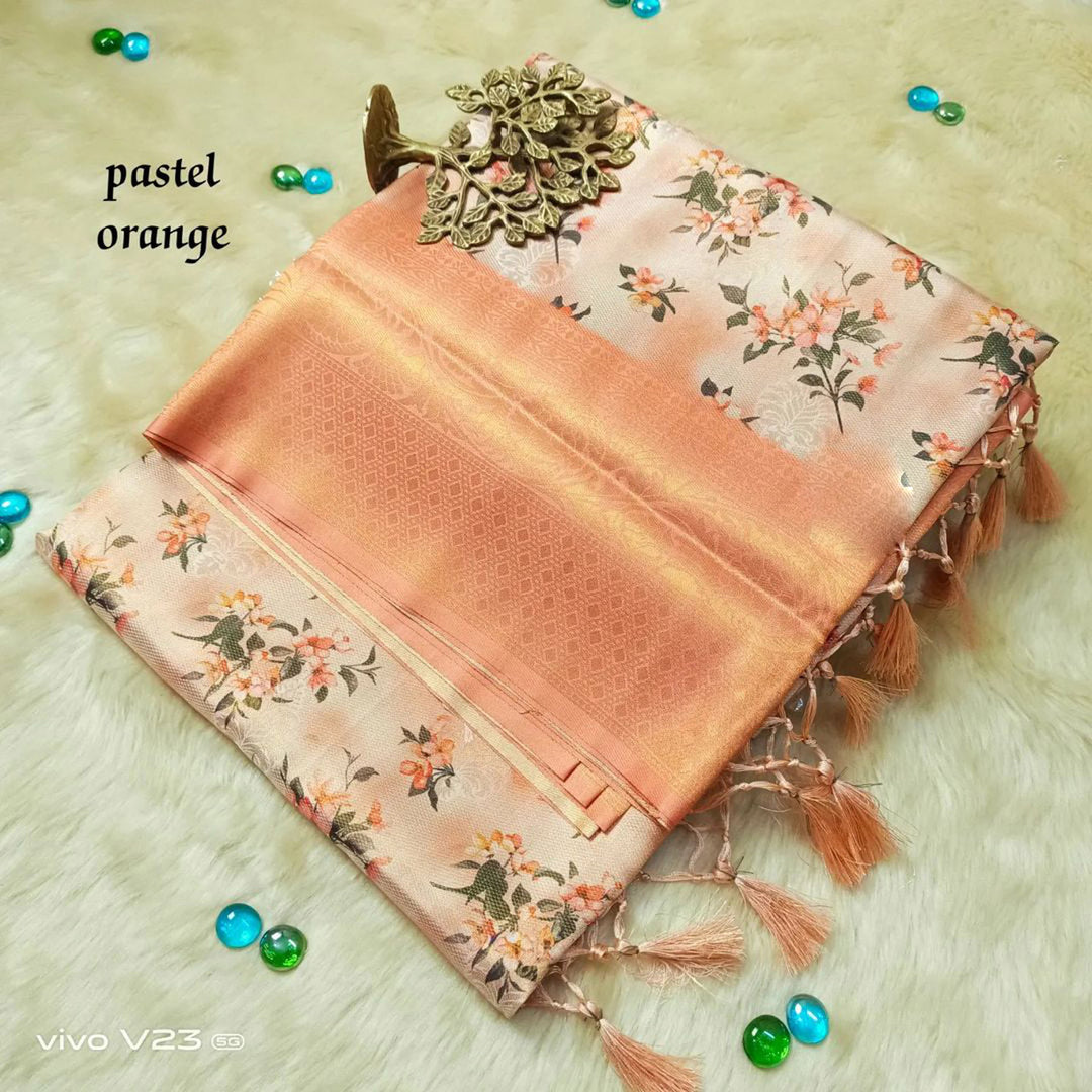 Orange Color Digital Printed Casual Soft Silk Fabric Saree