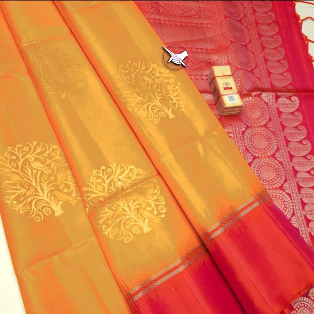 Orange Kanchipuram Lichi Silk Saree With Beautiful Rich Pallu And Weaving Work