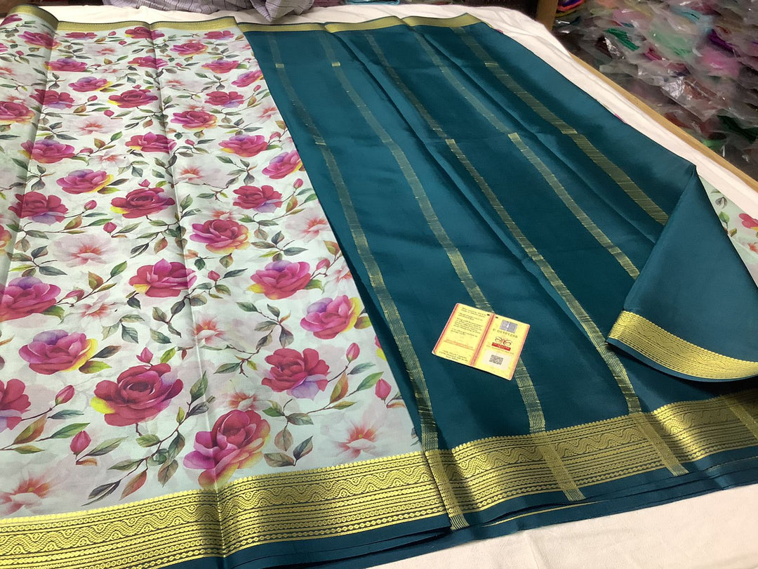 Exclusive pure crepe printed mysore silk sarees