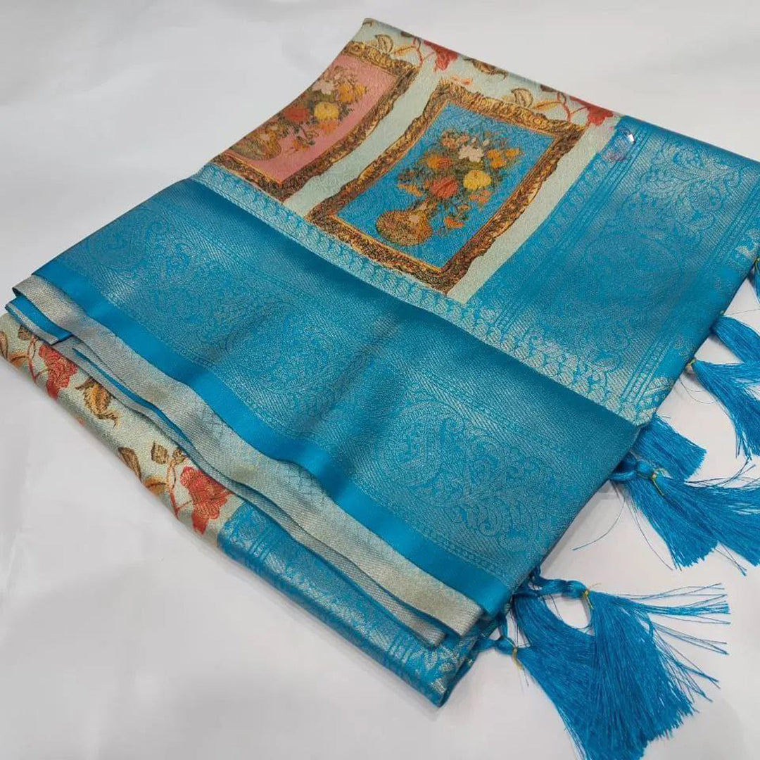 Sky Blue Color Soft Silk Festive Wear Fancy Digital Printed Rich Pallu Saree