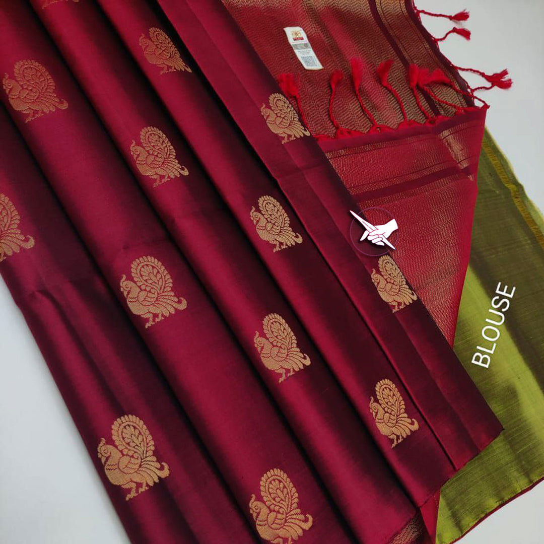 Maroon Color Premium Quality Silk Weaving Work Rich Pallu Saree With Contrast Blouse