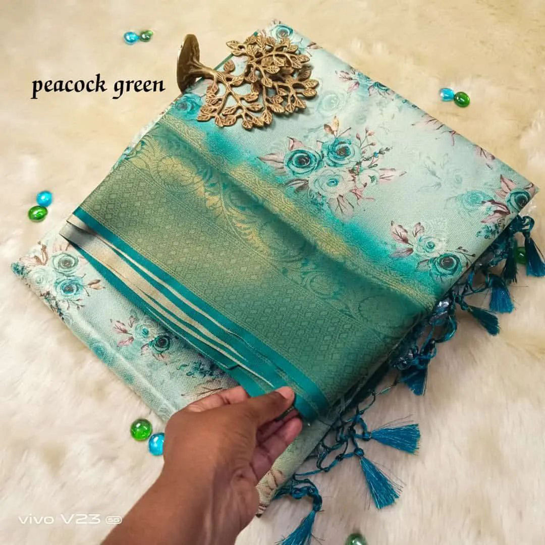 Lush Green Petals Digital Silk Saree