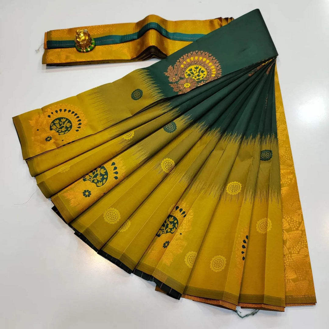 Threaded Illusion Dark Green Kubera Silk Saree With 3D Weaving Work