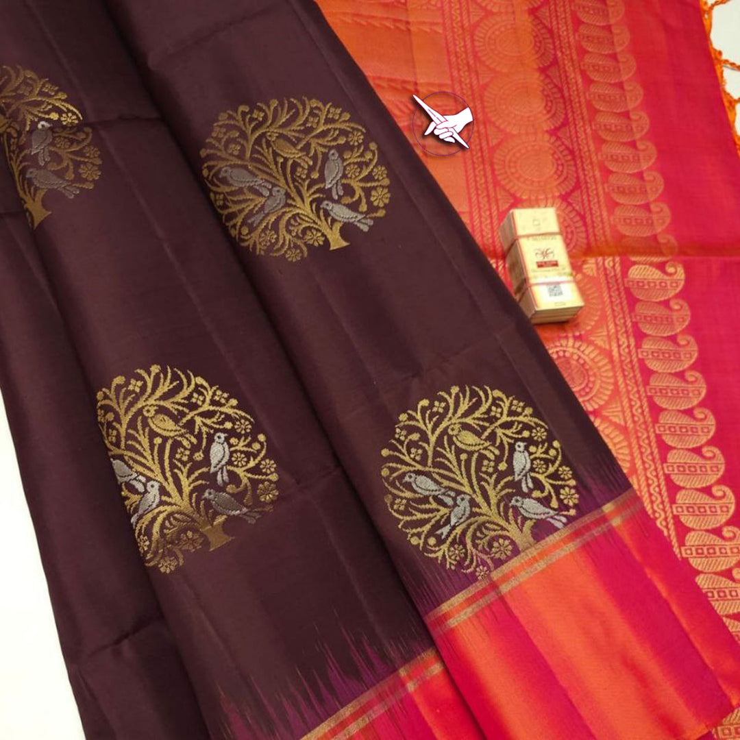 Brown Kanchipuram Lichi Silk Saree