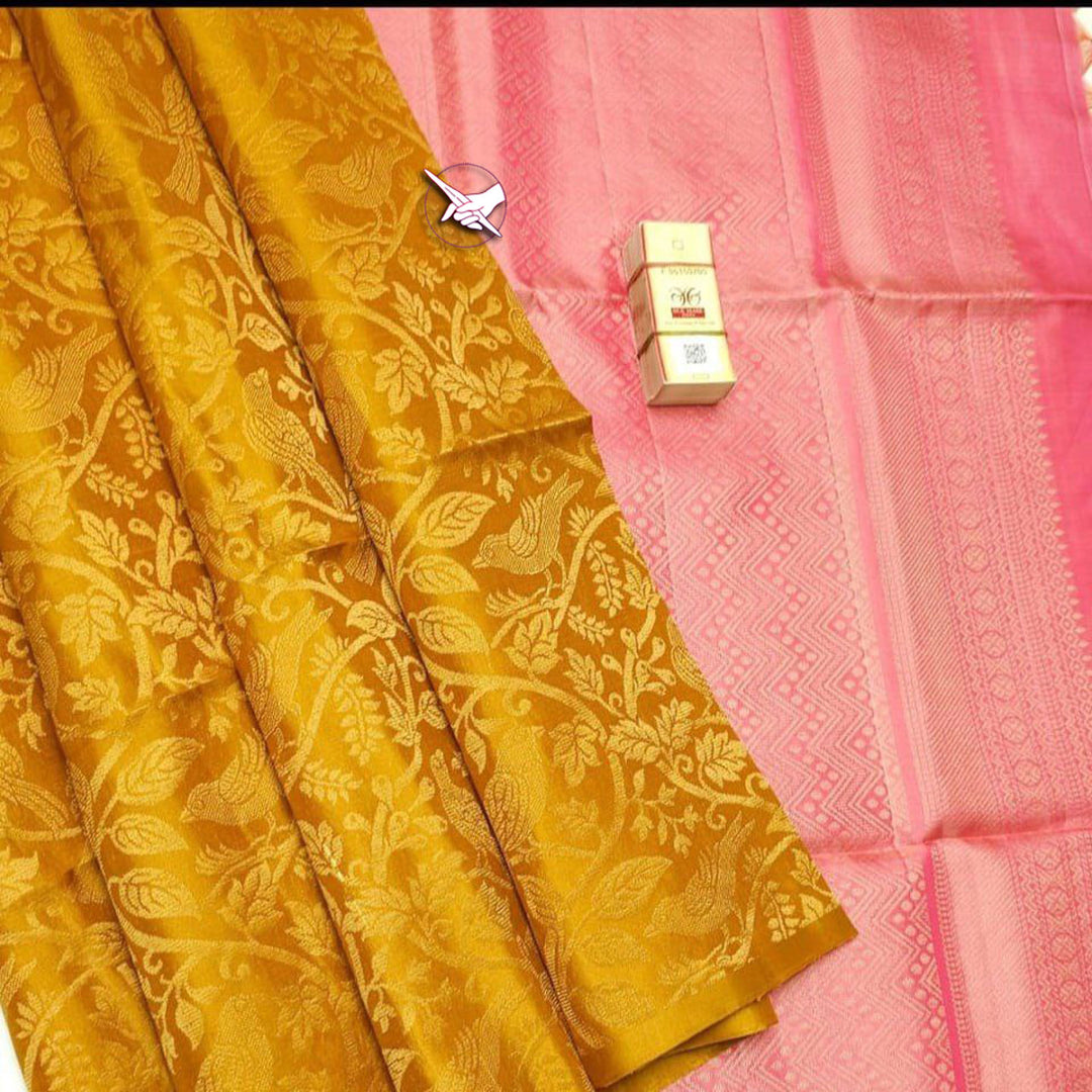 Kanchipuram Silk Mustard Color Zari Weaving Work Designer Saree