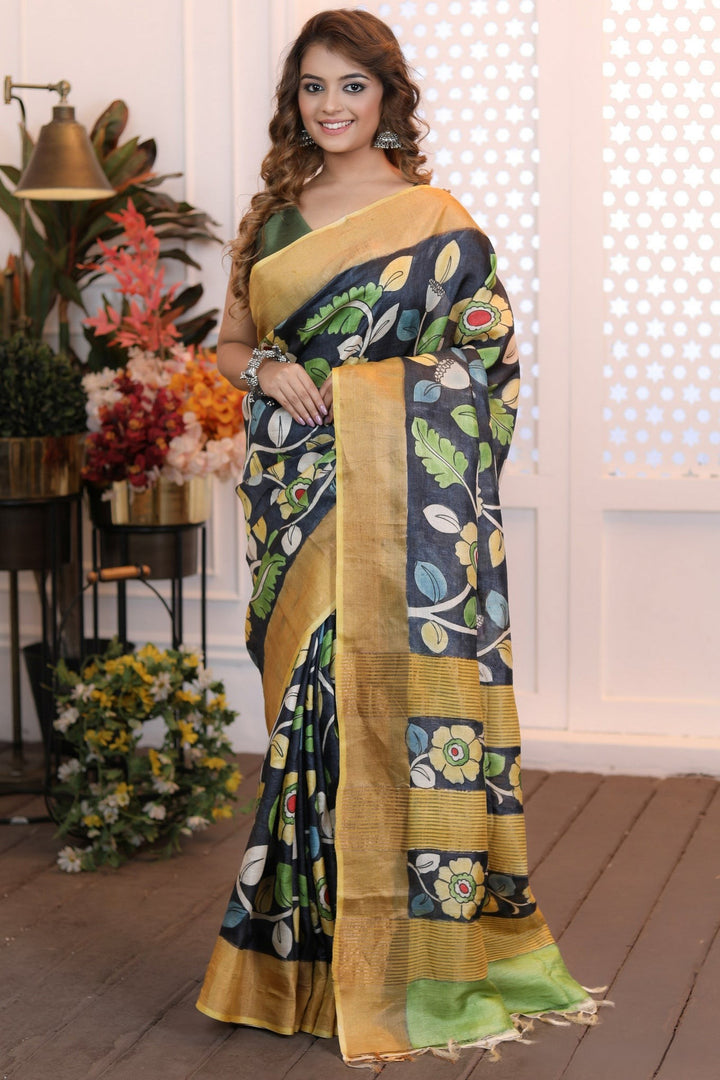 Sophisticated Tussar Silk Saree Enhanced with Kalamkari Craft