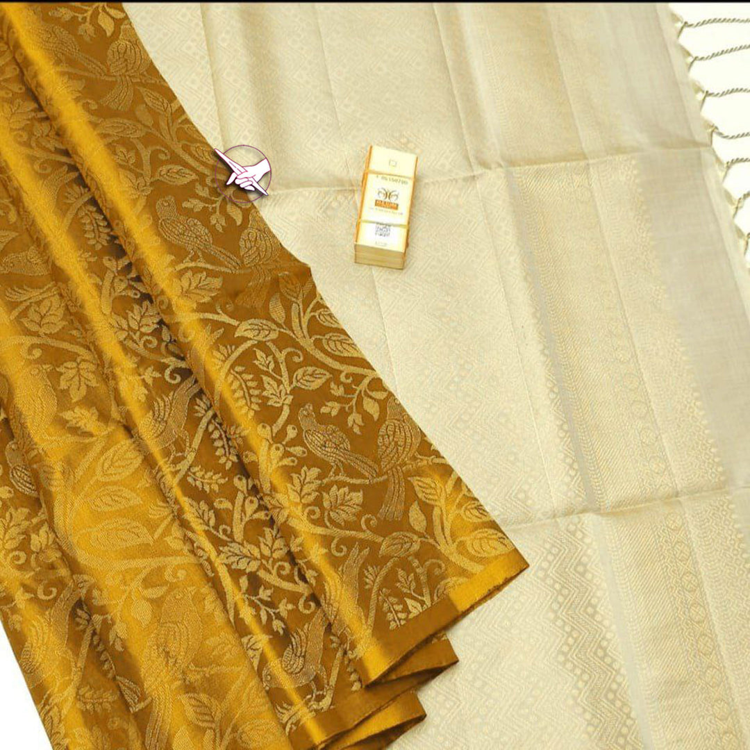 Kanchipuram Silk Zari Weaving Work Designer Saree In Mustard Color