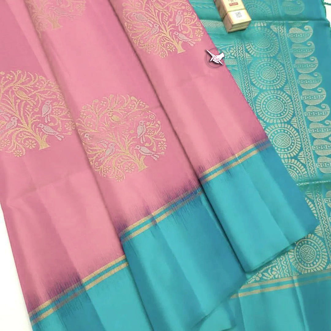 Pink Kanchipuram Lichi Silk Saree With Beautiful Rich Pallu And Weaving Work