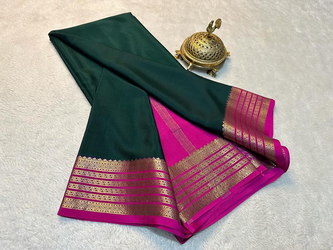 Premium Green Plain Soft Silk Saree Mysore Weave With Golden Zari