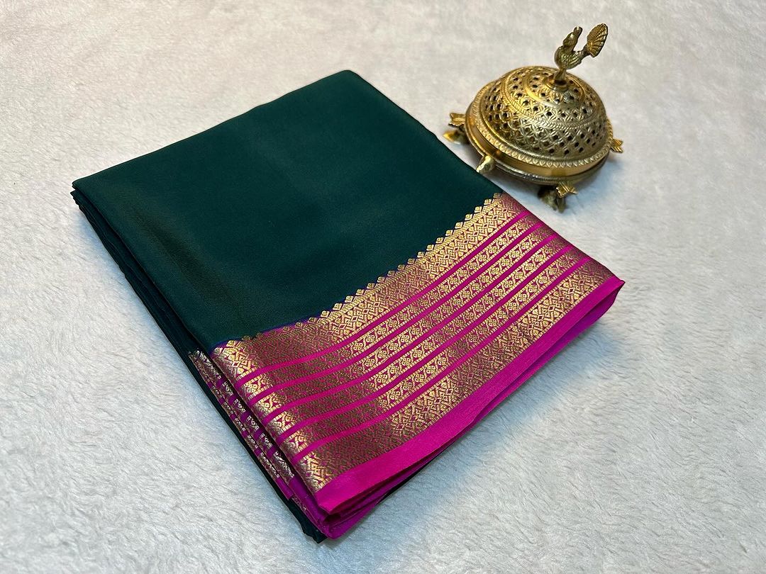 Premium Green Plain Soft Silk Saree Mysore Weave With Golden Zari