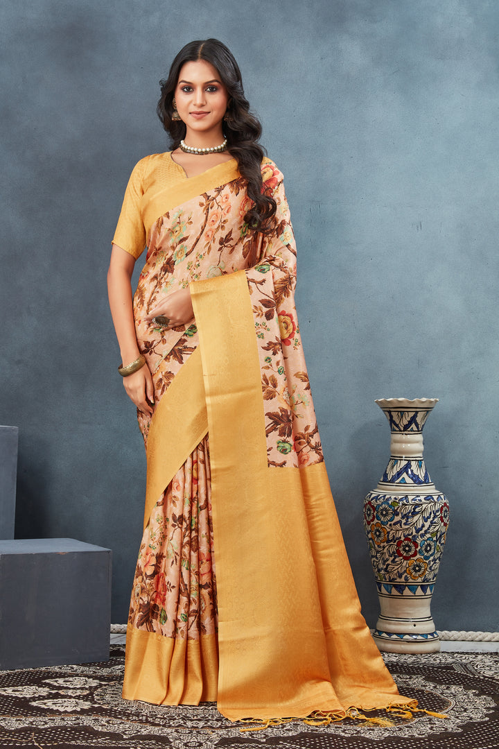 Soft Silk Digital Printed Saree In Gold  Color