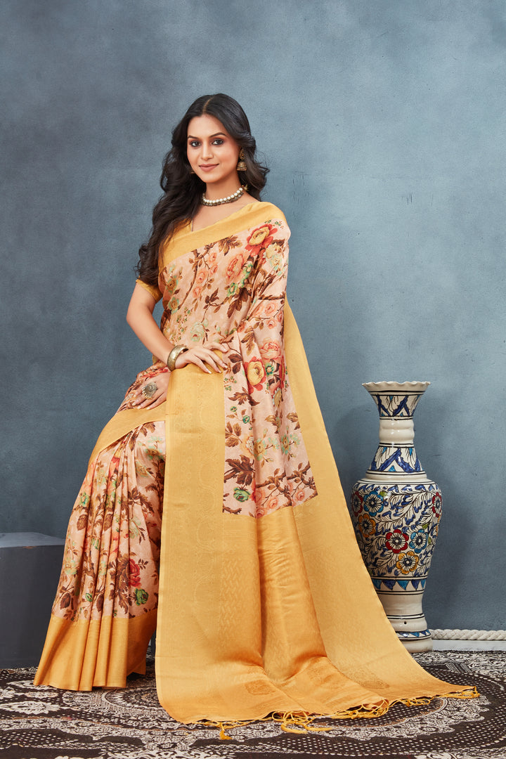 Soft Silk Digital Printed Saree In Gold  Color