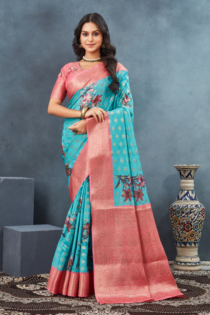 Cyan Color Crepe Georgette Digital Printed Saree