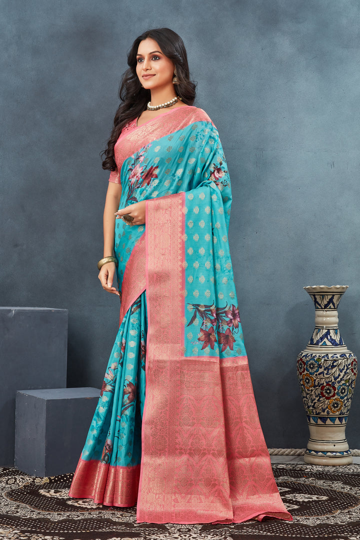 Cyan Color Crepe Georgette Digital Printed Saree